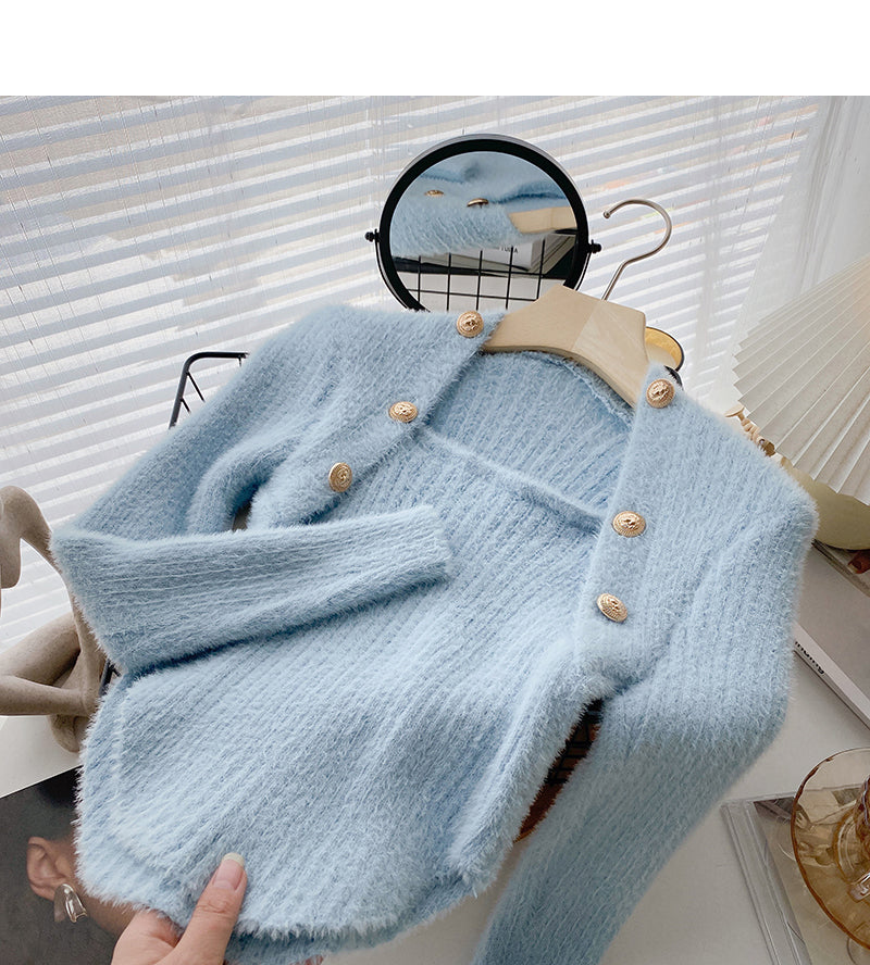 Wool sweater slim fit short small square neck double row button top  6603