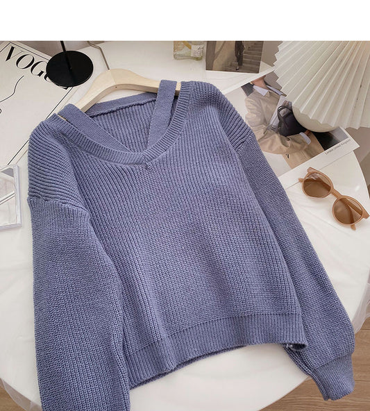 Conception coréenne personnalisée col en V ajouré manches longues look mince 6128