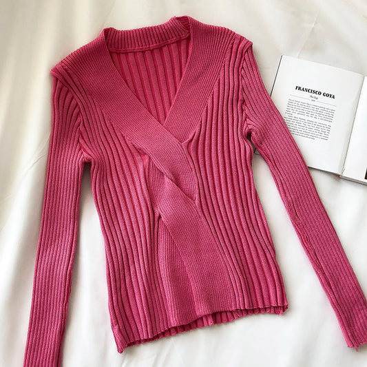 Pull slim à manches longues et col en V pour femme, coupe ajustée, filet rouge, 6501