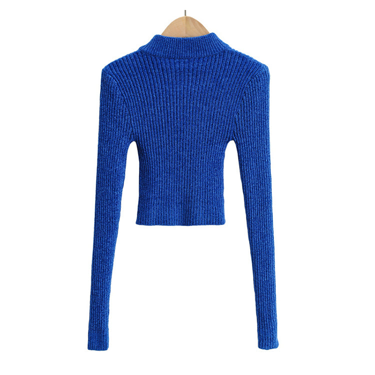 Solid color half high neck zipper design sweater  7332
