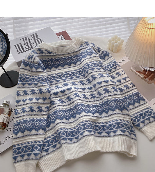 Pull ample à manches longues en jacquard vintage contrasté 5920