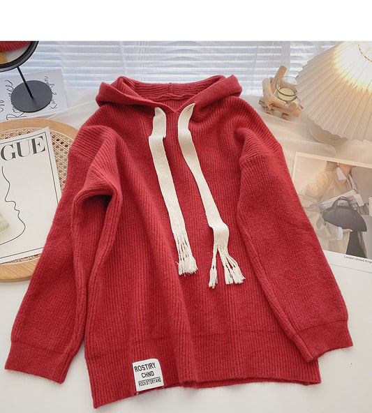 Pull design à pompon avec capuche et cordon de serrage, manches longues amples 6083