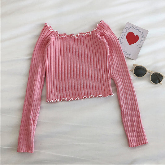 Petit pull sexy à épaules dénudées avec serrure et oreilles en bois 6440