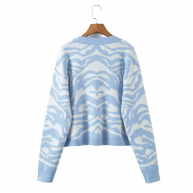 Pull à manches longues en jacquard de cheval Cardigan en tricot à col en V rétro paresseux 7265