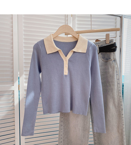 Pull court coupe slim à blocs de couleurs décontracté à manches longues 6685