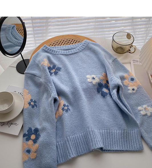 Haut ample à manches longues avec motif jacquard à fleurs douces 5898