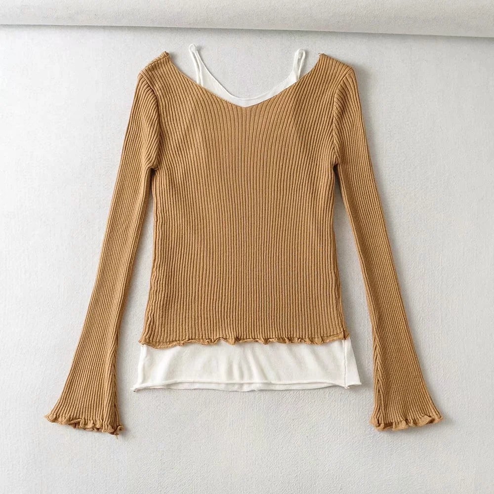 Design sense versatile fake two off shoulder contrast slim fit knitwear  7386