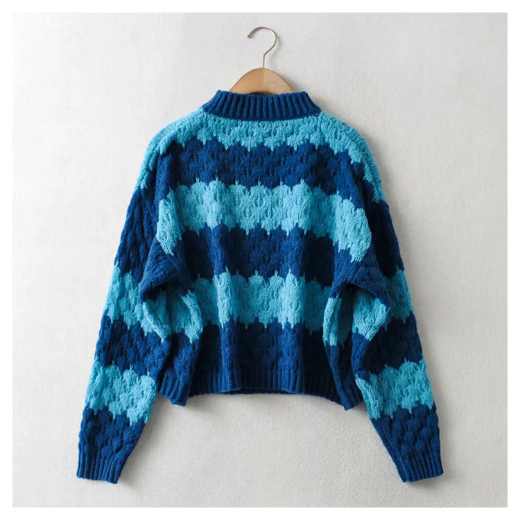 Thick needle jacquard stripe round neck Pullover knitted sweater  7399