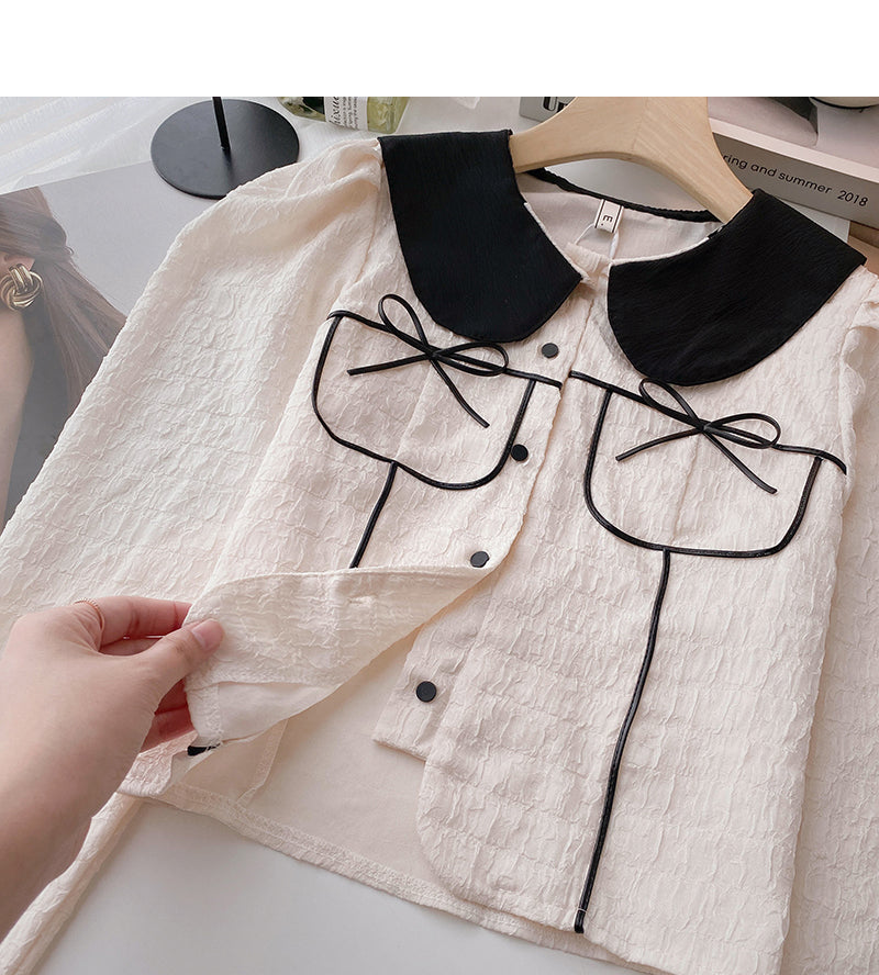 The new Korean doll collar contrast color bandage design feels thin top  6397