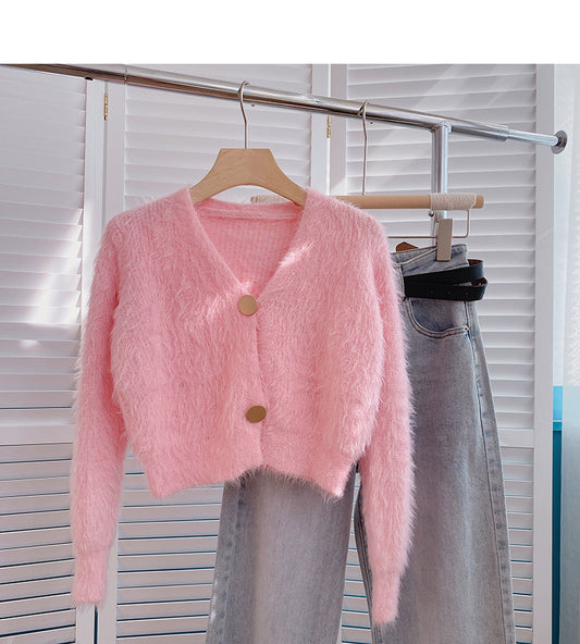 Pull en mohair doux tempérament solide col V manches courtes longues 6138
