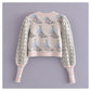 Vintage jacquard sweater womanly open navel bubble sleeve sweater  7296