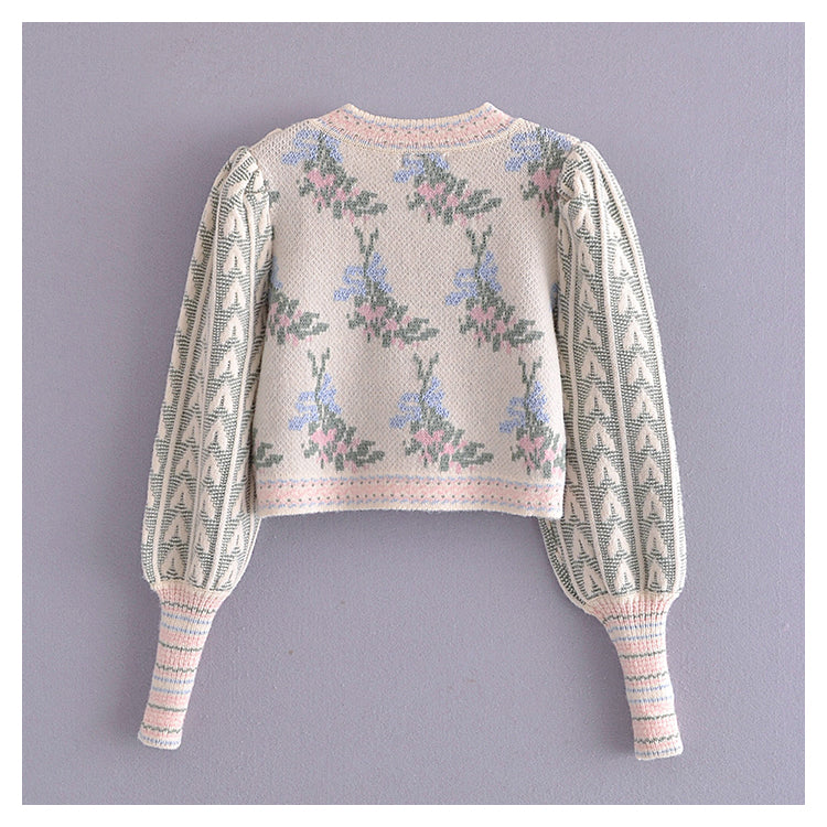 Vintage jacquard sweater womanly open navel bubble sleeve sweater  7296