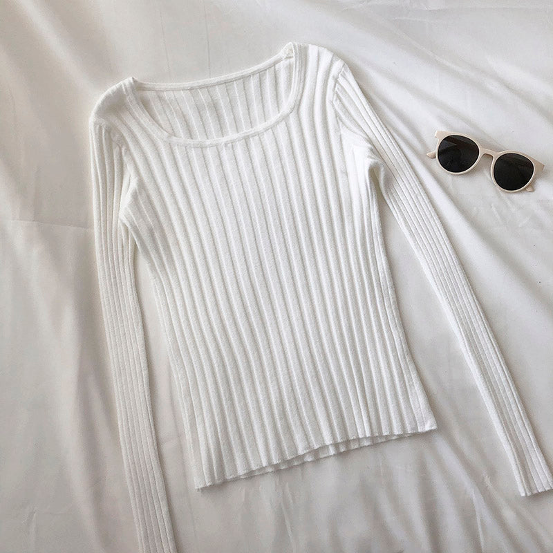 Versatile solid slim slim long sleeve pit stripe T-shirt  6479