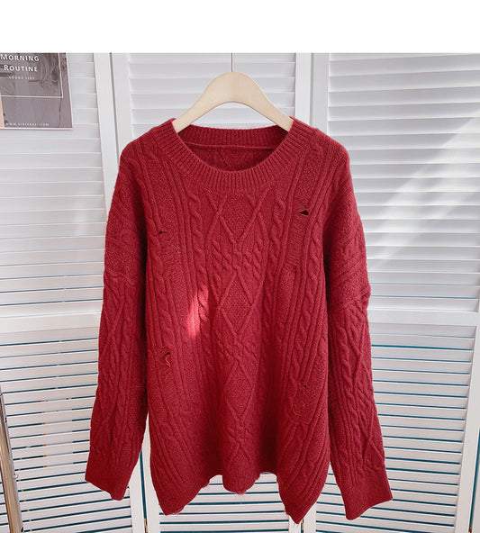 Pull tricoté torsadé de couleur unie pour femme style paresseux 6158
