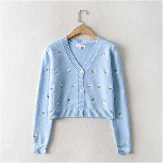 Cardigan à boutons brodés paresseux Pull polyvalent à col en V 7213