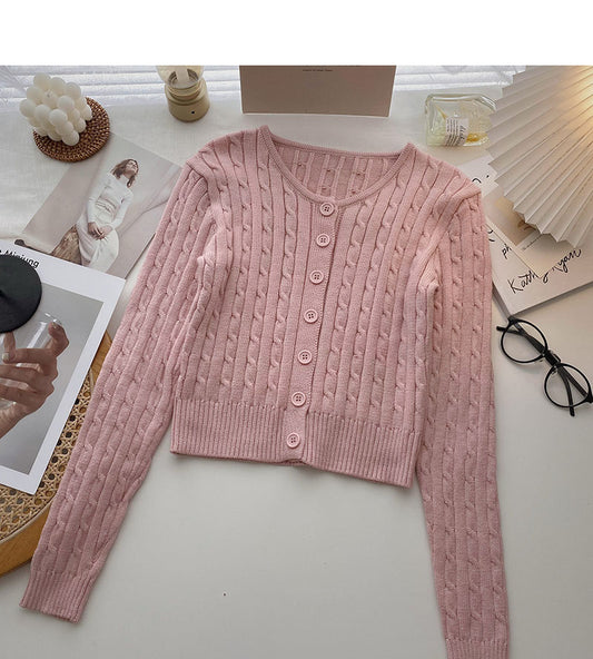 Manteau cardigan tricoté haut à manches longues à torsades courtes rétro français 6644