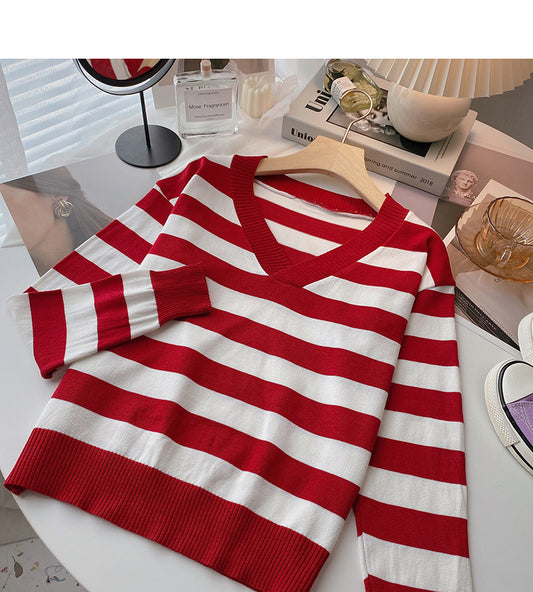 Pull rayé à manches longues Pull-over Haut-bas chemise 6448