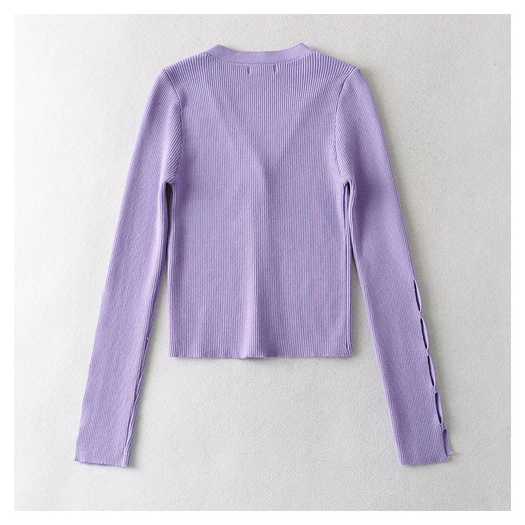 Cardigan en tricot à col en V, simple boutonnage, taille haute, nombril ouvert 7385