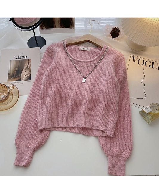 Pull col rond à manches longues et chaîne au design vintage Haut tricoté à paillettes 6010