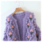 Three dimensional flower hook woven lantern sleeve cardigan sweater coat  7379