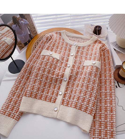 Nouveau cardigan coréen à col rond et petit parfum 6077