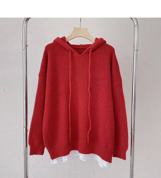Pull femme style paresseux rétro ample à manches longues à capuche faux haut deux pièces 6197