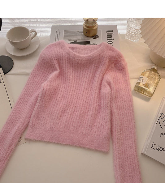 Manteau en vison polyvalent à manches longues et col rond coupe slim coréenne 5868