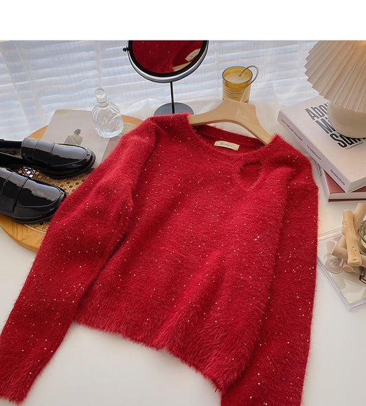 Pull ras du cou à découpes en sequins rétro tendance avec design de niche 6014