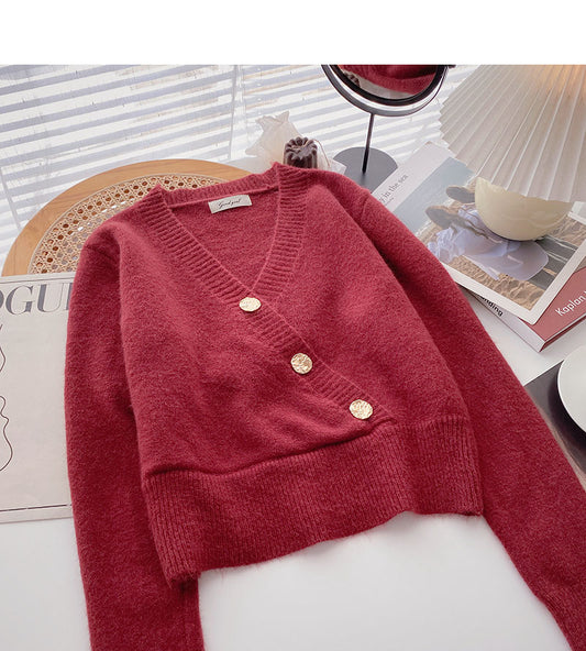 Pull tricoté à manches longues rétro à trois boutons et col en V, haut slim à la mode 6152