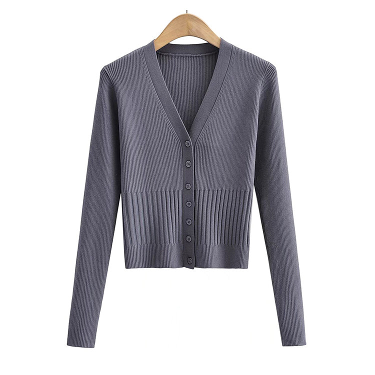 V-neck knitted cardigan slim single breasted short sweater coat  7451