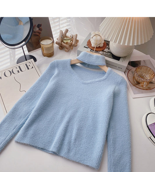 Pull imitation vison cachemire couleur unie, design niche, manteau col creux 6136