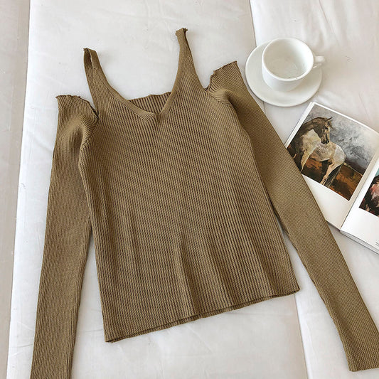 Pull slim à manches longues et bretelles à épaules dénudées pour femme 6462