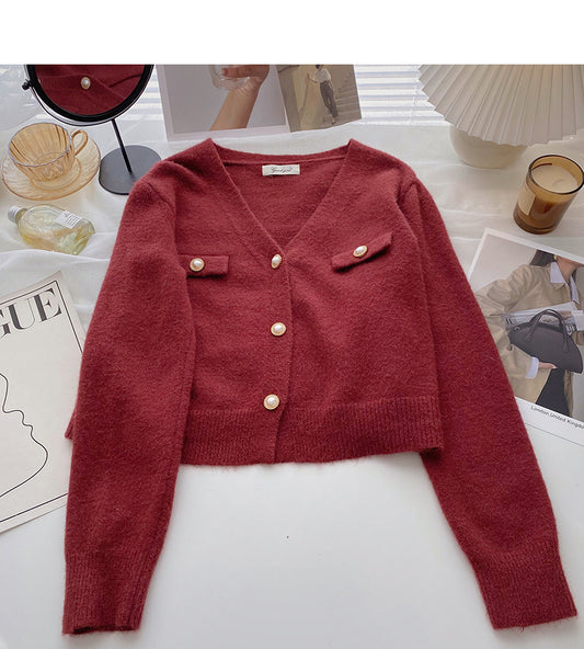 Cardigan pull vintage à col en V et boutonnage simple pour femme 6013