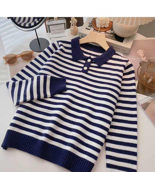 Pull rayé à manches longues et revers 6458