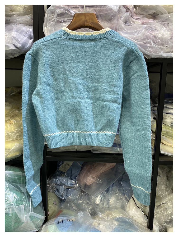 Embroidered sweater cardigan loose open navel sweater coat female  7317