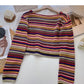 Pull rayé coloré, joli haut court taille haute à col en V 6521
