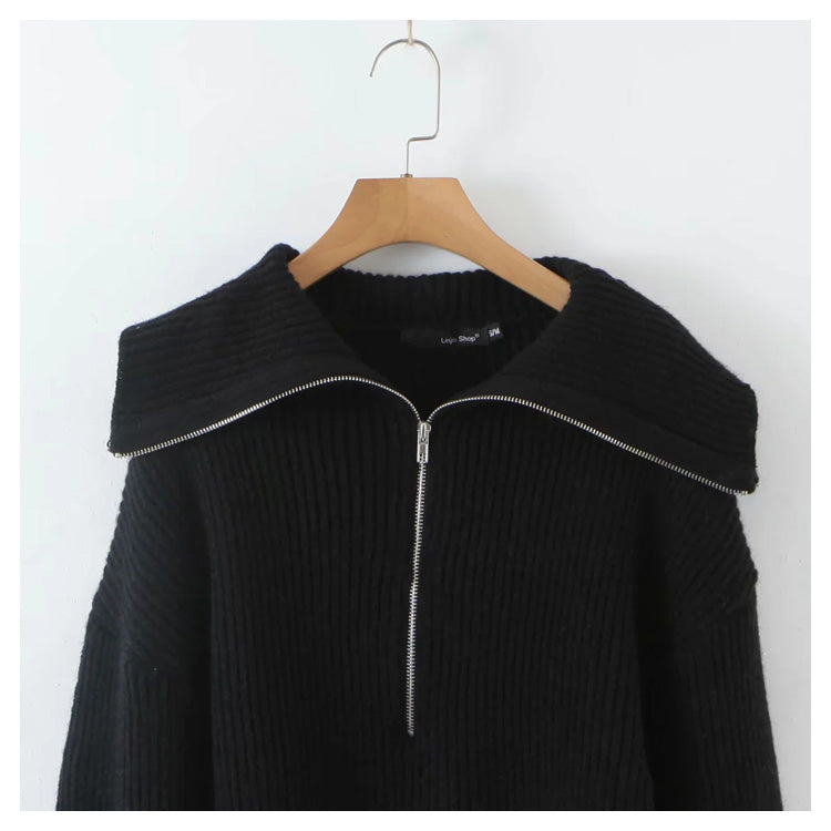 Versatile large lapel zip Pullover Sweater  7283