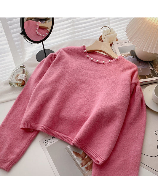 Pull ample à col ras du cou avec perles et clous au design vintage, mode 6579