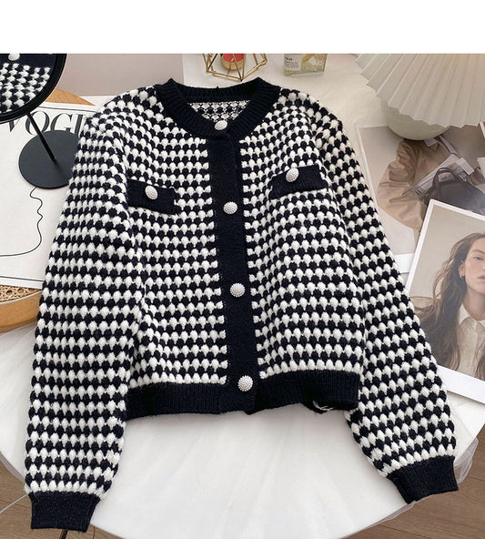 Cardigan vintage à col rond et à carreaux oiseaux 6102