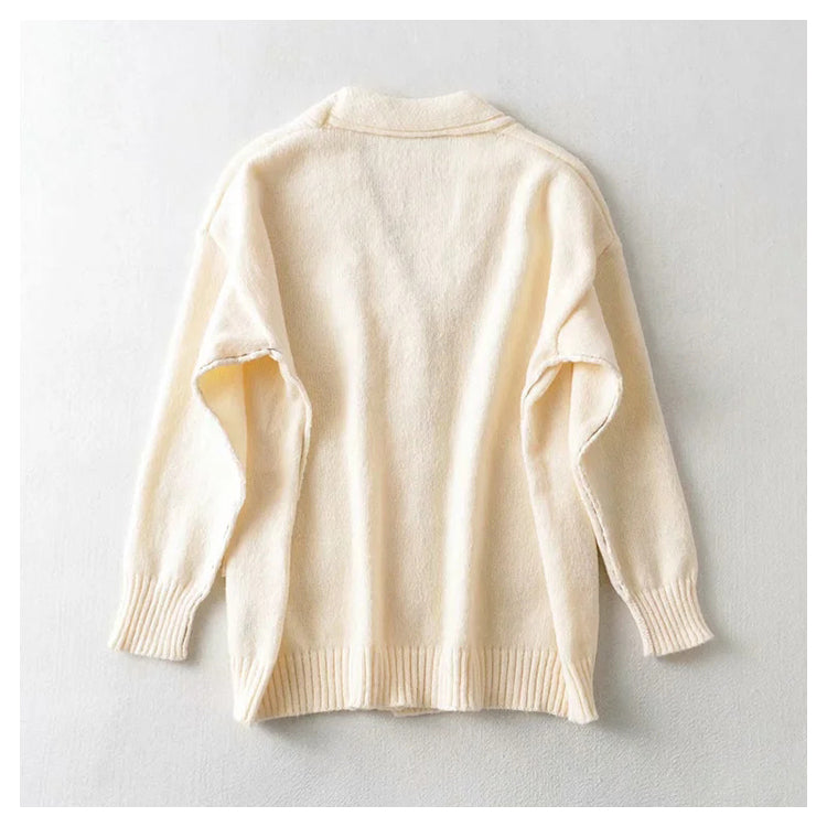 Lazy wind color blocking line V-neck knitted cardigan coat  7286