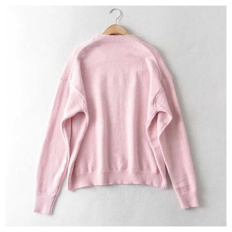 Lazy style sweater loose round neck simple long sleeve sweater  7439