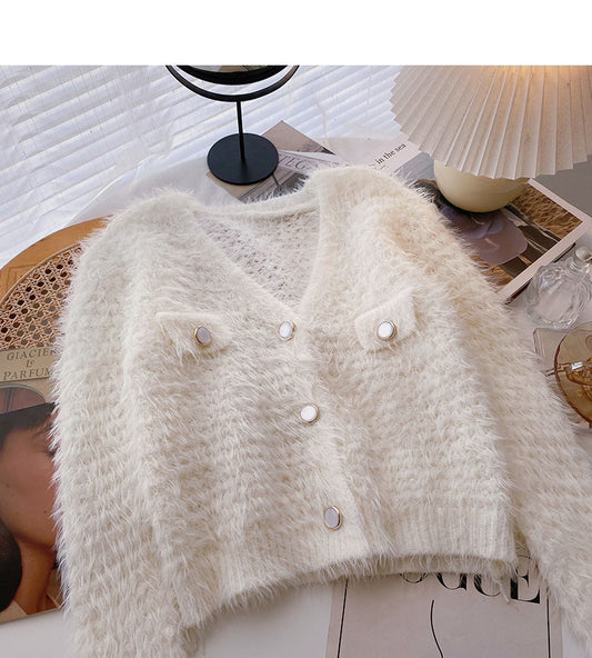 Pull en laine imitation vison couleur unie cardigan tricoté mode 6059