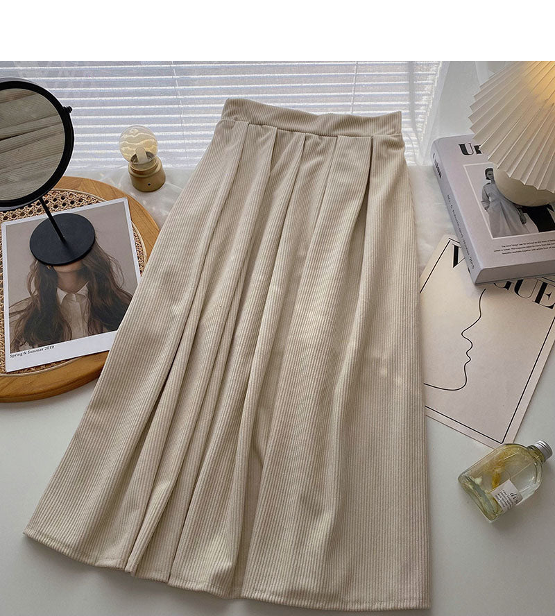 Simple high waist corduroy A-shaped medium length skirt  5784