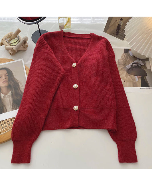 Manteau pull en soie brillante à manches longues et col en V uni 6041