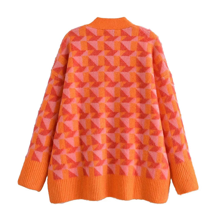 New geometric jacquard sweater jacket loose lazy cardigan  7414