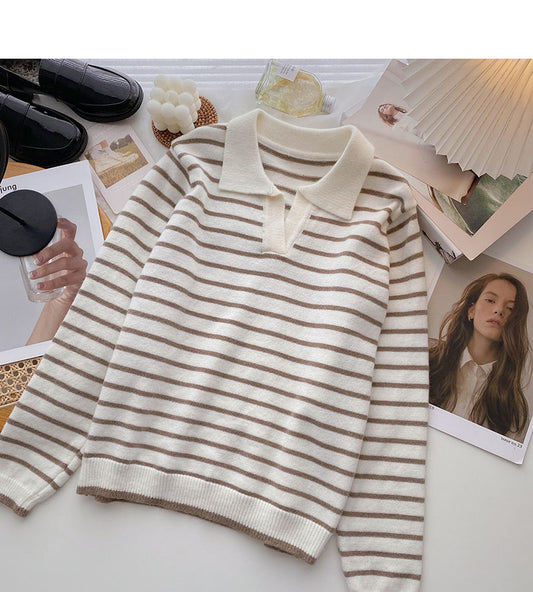 Pull en tricot rayé, haut fin au tempérament paresseux 6571