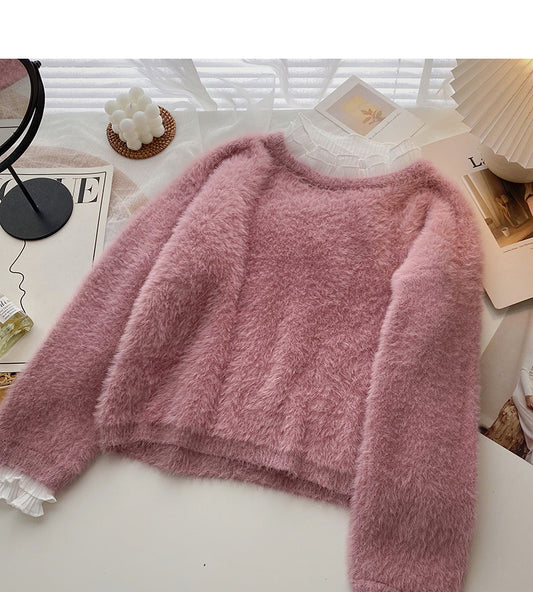 Pull col montant à manches longues en mohair avec bordure en dentelle 5973