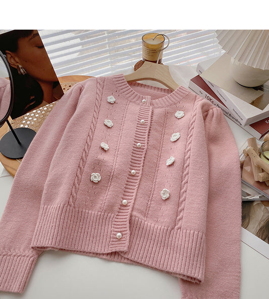 Pull cardigan vintage à col rond et boutons nacrés 6003