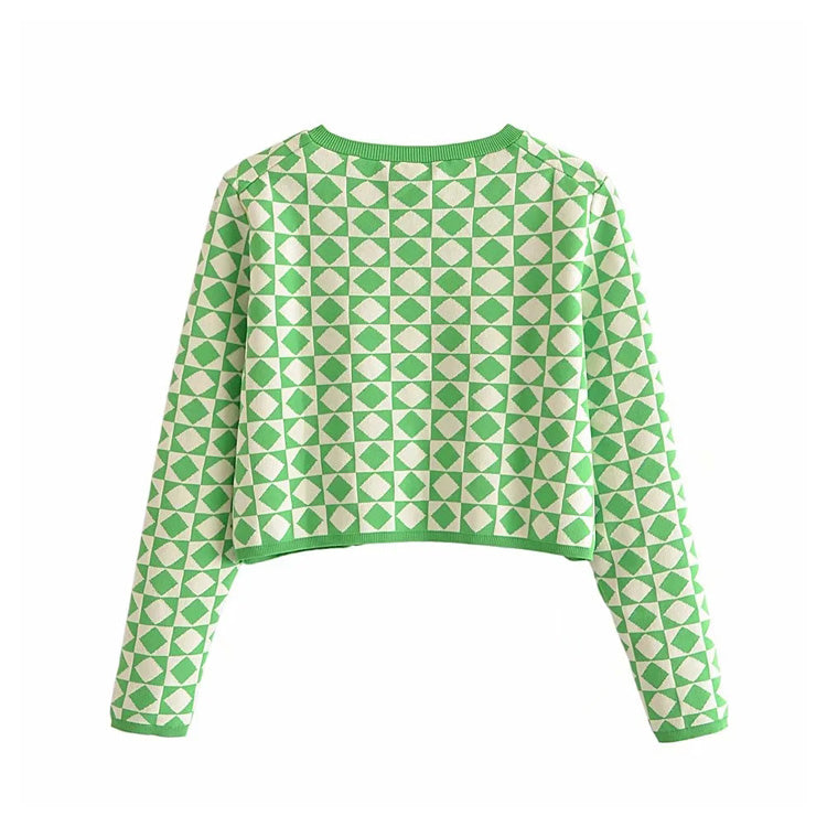 Süßer schmaler Jacquard-Strick-Cardigan mit Rautenmuster 7261