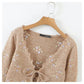 French retro fungus edge embroidered floret lace up slim knit cardigan top  7258